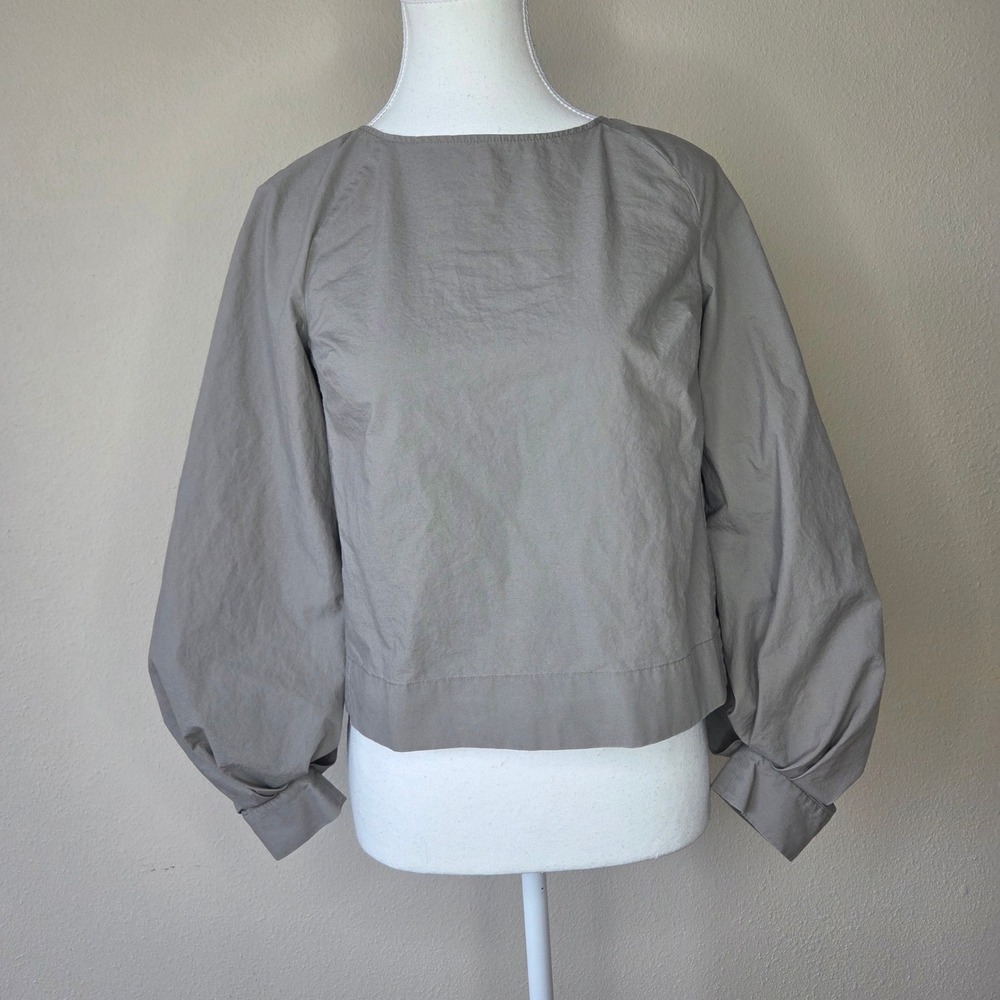 Babaton Aritzia Grey Cotton Lantern Sleeve Blouse Top XXS 61 Quiet Luxury